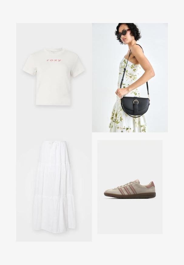 Camiseta de algodón blanca con mangas cortas y cuello redondo, que presenta un logo rosa "roxy" impreso en el frente. Diseño de ajuste regular.; Falda maxi blanca hecha de un tejido ligero, que cuenta con un diseño en capas con detalles fruncidos y una cinturilla ajustable con cordón.; Zapatilla de ante beige con detalles en rosa, que presenta tres rayas superpuestas, una puntera texturizada y una suela de goma con ranuras.; Bolso de piel negra con forma curva, correa desmontable y herrajes dorados. El bolso cuenta con una solapa con un detalle de hebilla.