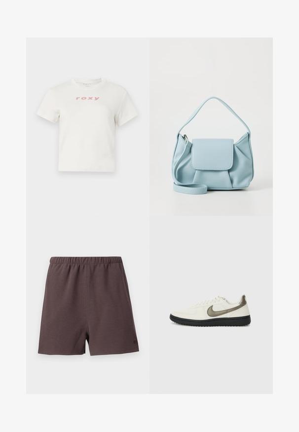 Tricou alb din bumbac cu mâneci scurte și guler rotund, având un logo roz "roxy" imprimat pe față. Design cu o croială normală.; Pantaloni scurți de culoare maro închis, dintr-un material texturat, țesut. Prezentată cu un brâu elastic și un mic accent de logo în colțul din dreapta jos.; Nike Sportswear FIELD GENERAL - Sneakers low - off-white/black; Geantă din piele bleu deschis cu mânere de sus, buzunar frontal cu clapetă și curea detașabilă pentru încheietura mâinii, pe un fundal alb.