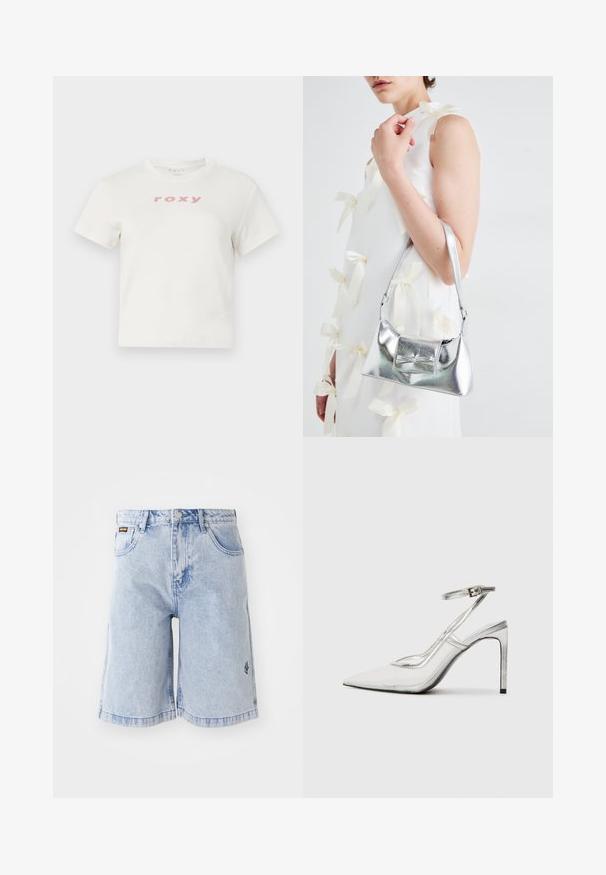 Valge puuvillane t-särk lühikeste varrukatega ja ümmarguse kaelusega, millel on ees prinditud roosa logo "roxy". Tavalise lõikega disain.; Soehe sinine teksashorts, millel on kõrge vöökoht, lõtv lõige ja ees taskud. Dekoratiivne õmblemine ja brändi logo tikand küljel.; Selge stiletto-kontsaga king, terava varbaga, läbipaistvast materjalist, metalsete hõbedaste detailidega ja reguleeritava pahkluu rihmaga.; Hõbedane metallik käekott struktureeritud kujuga, millel on ülemine sang ja ettepoole suunatud paeladetail. Sile tekstuur, peegeldav viimistlus.