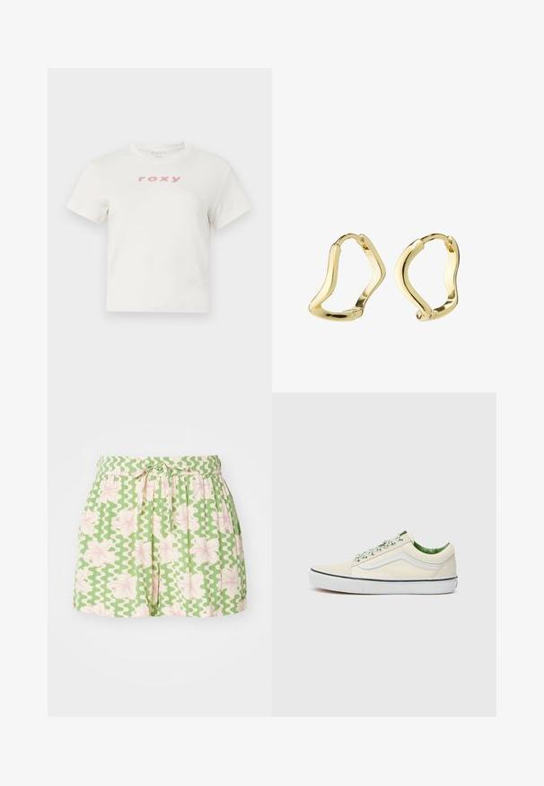 Biely bavlnený tričko s krátkymi rukávmi a okrúhlym výstrihom, s ružovým logom "roxy" potlačeným vpredu. Štandardný strih.; Zelené šortky s bielym vlnitým vzorom a ružovými kvetinovými akcentmi. Majú elastický pás a nastaviteľnú šnúrku. Vyrobené z ľahkej tkaniny.; Bežové plátenné nízkonohé tenisky so zelenými akcentmi, bielou gumovou podrážkou a vzorovanými šnúrkami. Obsahujú bočný prúžok.; Zlaté kruhové náušnice s plynulým, vlnitým dizajnom. Hladký povrch, otvorený tvar a žiadne viditeľné uzávery. Minimalistický a moderný vzhľad.