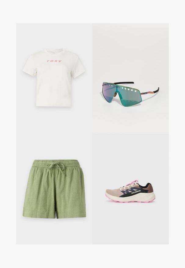 Fehér, rövid ujjú pamut póló, kerek nyakkivágással, az elején pink "roxy" logóval. Szabványos fit. ; Világoszöld pamut rövidnadrág rugalmas derékrésszel és zsinórral. Oldalsó zsebekkel és struktúrált textúrális felülettel rendelkezik.; Beige és rózsaszín Salomon futócipő fekete logóval és dizájn kiemelésekkel, krémszínű középtalppal és rózsaszín talppal, oldalnézetből, sima háttér előtt.; Az Oakley napszemüveg nagy, zöld tükrös lencsével rendelkezik, amelynek a tetején kivágások találhatók, letisztult, szögletes formatervezése van, és egy színes fémkeret fekete végekkel.