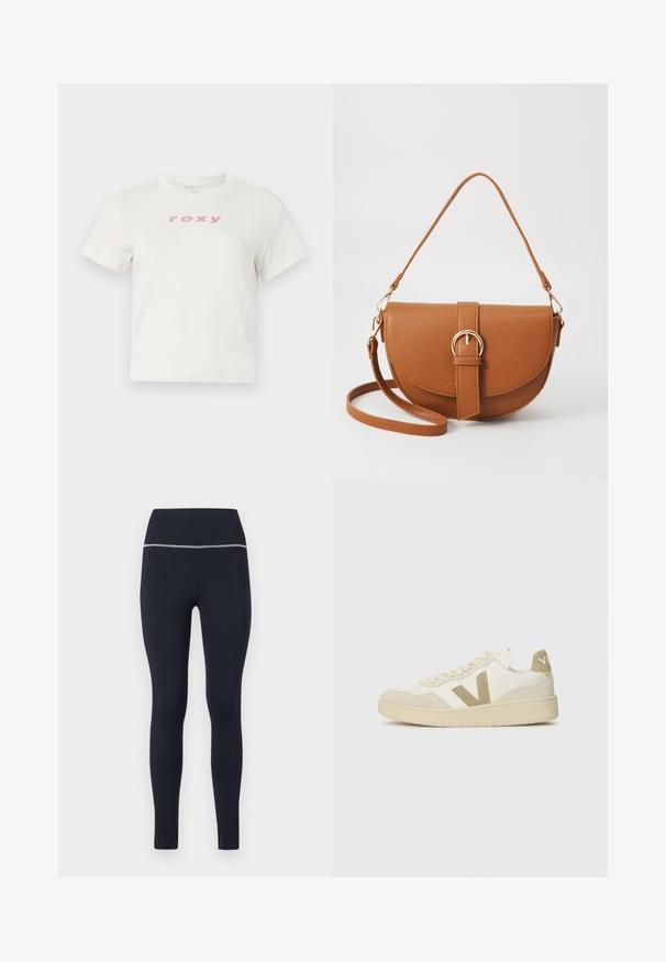 Witte katoenen t-shirt met korte mouwen en een ronde hals, met een roze logo "roxy" gedrukt op de voorkant. Regular fit ontwerp.; Navy fitted leggings gemaakt van rekbaar materiaal, met een brede tailleband met een reflecterende rand langs de bovenkant voor zichtbaarheid.; Sneakers met een crème bovenwerk, beige suède accenten en een gestructureerde rubberen zool. Beschikt over een gedurfde 'V'-logo en vetersluiting.; Bruine leren schoudertas met een gebogen vorm, gouden hardware en een gespaccent. Bevat een afneembare schouderriem.