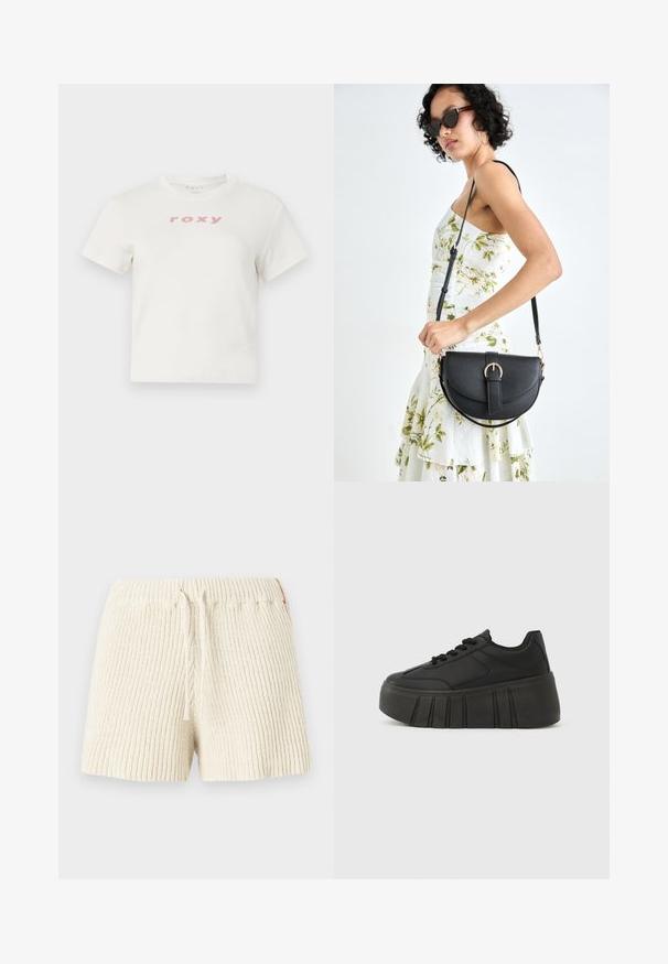 T-shirt en coton blanc à manches courtes et col rond, avec le logo rose "roxy" imprimé sur le devant. Design à coupe régulière.; Shorts en tricot couleur crème avec une texture côtelée, une taille élastique et un cordon de serrage. Présente une petite étiquette d'accent sur le côté.; Baskets à plateforme noires avec une tige synthétique lisse, un bout arrondi, un système de laçage, et une semelle épaisse et striée pour plus de hauteur.; Sac à main en cuir noir avec une forme courbée, bandoulière amovible et des accessoires en or. Le sac est doté d'un rabat avec un détail de boucle.