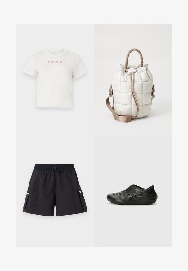Valkoinen puuvillapitoinen t-paita, jossa on lyhyet hihat ja pyöreä kaula-aukko. Edessä on vaaleanpunainen "roxy" -logo. Regular fit -malli.; Mustat shortsit, joissa on elastinen vyötärö, ja kahdet sivutaskut läppäkiinnityksellä. Valmistettu kevyestä materiaalista, joka tarjoaa toimivan suunnittelun.; Mustat liukuvat klumpit, jotka on valmistettu sileästä muovista ja joissa on uritettu muotoilu, ylätasossa rei'itettyjä aukkoja ja hienovarainen sivulogo.; Pussi vaaleanbeige, tikkikuvioitu laukku, jossa on kiristettävä suuosa, punottu kahva ja irrotettava hihna. sileä rakenne, jossa on pehmeä kiilto.