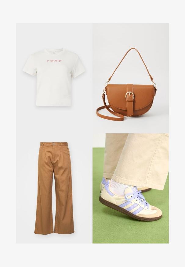 Biely bavlnený tričko s krátkymi rukávmi a okrúhlym výstrihom, s ružovým logom "roxy" potlačeným vpredu. Štandardný strih.; Svetlo hnedé široké nohavice z textúrovanej látky, s prednými skladmi a jedným gombíkom na zapínanie v oblasti pásu.; Krémovo-fialové tenisky so tromi pruhmi a štruktúrovanou hnedou podrážkou, s šnúrkami a polstrovaným opätkom. Mäkký textilný zvršok.; Hnedá kožená kabelka cez telo s zakriveným tvarom, zlatými kovovými doplnkami a akcentom s prackou. Obsahuje odnímateľný ramenný popruh.