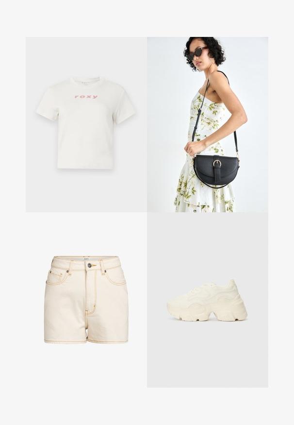 Hvit bomulls t-skjorte med korte ermer og rund hals, med en rosa logo "roxy" trykt på forsiden. Design med vanlig passform.; Beige denimshorts med høy midje, med kontrasterende gult stikking, frontlommer og en merket metallknapp som lukking.; Chunky hvite sneakers laget av teksturert mesh og syntetiske materialer, med en tykk såle og intrikate mønsterdetaljer langs sidene.; Svart lærveske med en buet form, avtagbar stropp og gullbeslag. Vesken har et klaff med spenne-detall.