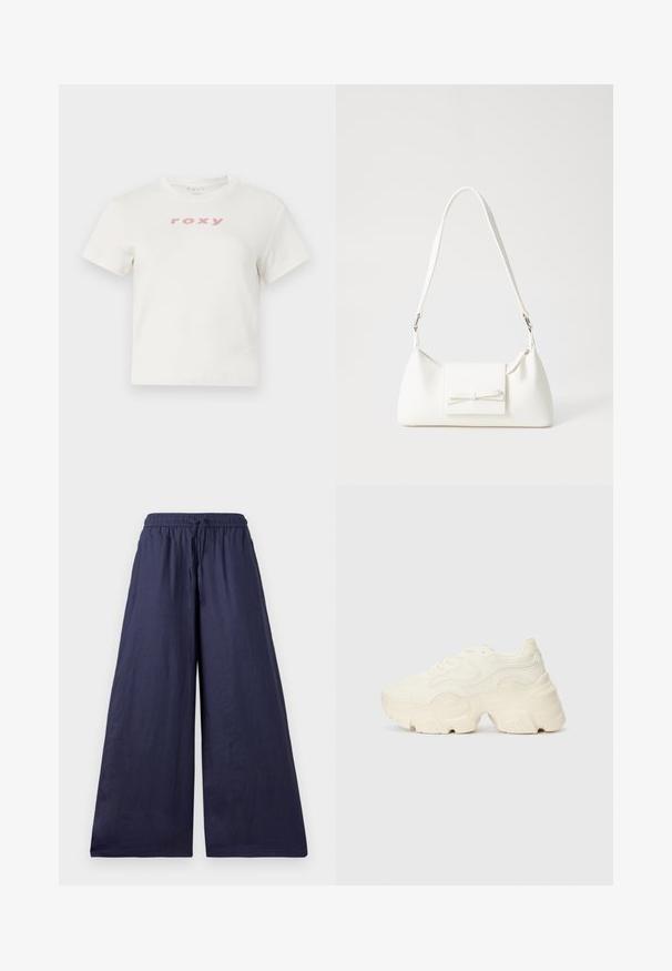 White cotton t-shirt with short sleeves and a crew neckline, featuring a pink logo "roxy" printed on the front. Regular fit design.; Navy wide-leg trousers with an elastic waistband, drawstring detail, and soft, light fabric. Simple, flowing design without embellishments.; Chunky white sneakers made of textured mesh and synthetic materials, featuring a thick sole and intricate pattern details along the sides.; White synthetic handbag with a triangular shape, flat front flap and bow detail, adjustable strap, smooth texture, and minimalistic design.