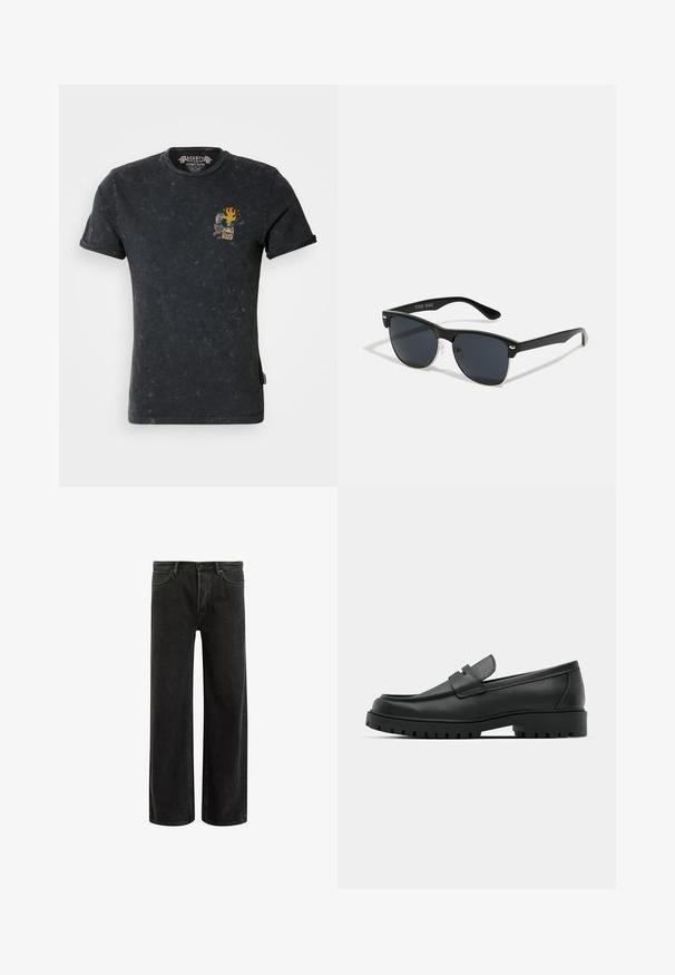 Black cotton t-shirt with a relaxed fit, featuring a front graphic of a skull, flames, and rose. Distressed texture, short sleeves.; Black denim wide-leg jeans with a high waist, featuring classic five-pocket design, and subtle fading for a textured appearance.; Black leather loafers with a rounded toe, featuring a stitched design, low platform sole, and a textured, lugged rubber outsole.; Black sunglasses with a rectangular shape, dark lenses, silver accents at the temples, and a matte finish on the frame.