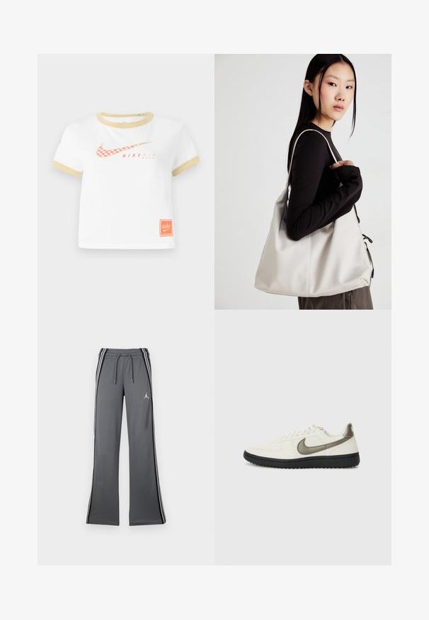 Bela majica s zlatim obrobom, ki vsebuje rdeč šahiran Nike swoosh logo, besedilo "NIKE AIR" in majhno oranžno Nike oznako na robu.; Sive hlače za tek z vrvico v pasu, stranskimi črtami in majhnim logotipom. Narejene iz mehkega materiala, z obliko širokih nogavic in gladko teksturo.; Nike Sportswear FIELD GENERAL - Športni copati - off-white/black; Bežna torbica iz mehkega materiala, z ohlapno zasnovo, šivi in dvema naramnicama. Primerna za vsakodnevno uporabo.