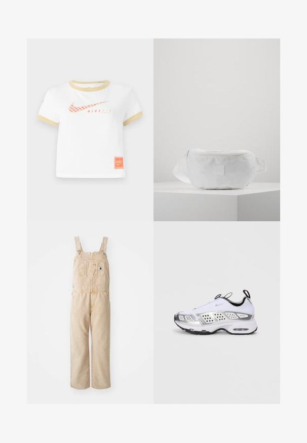 Biała koszulka z złotym wykończeniem, z czerwonym, szachownicowym logo Nike swoosh, napisem "NIKE AIR" oraz małą pomarańczową metką Nike na dolnym brzegu.; Beżowe ogrodniczki wykonane z wytrzymałego materiału, z regulowanymi ramiączkami, przednią kieszenią i szerokimi nogawkami o lekko wypłowiałej fakturze.; Biały but sportowy z srebrnymi akcentami, cholewka z siateczki i syntetyku, poduszki powietrzne, perforacje dla lepszej wentylacji oraz gumowa podeszwa.; Biała nerka wykonana z wytrzymałego materiału, z zamkiem błyskawicznym, regulowanym paskiem i małym wytłoczonym logo z przodu.