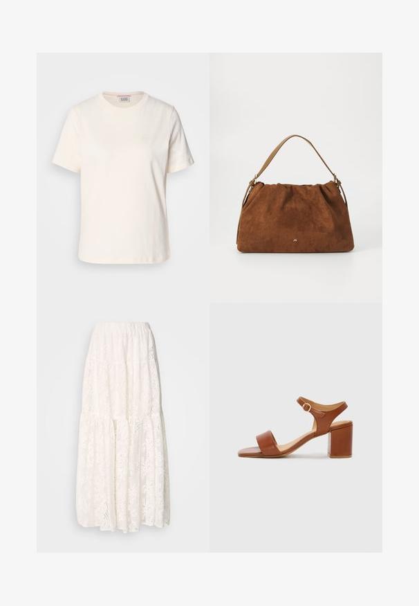 Kreminės spalvos medvilninis T-marškinėlis su trumpomis rankovėmis, apvaliu kaklu ir subtiliu iškilmingu logotipo detaliu ant priekio. Lygus paviršius, laisvas siluetas.; Balta nėrinių maksi sijonas su pakopų dizainu, elastinga juosmeniu ir sudėtingais gėlių raštais visame paviršiuje. Lengva ir tekstūruota medžiaga.; Rudos odinės suknelės sandalai su keturkampiu pirštu, reguliuojama kulkšnies dirželiu ir bloko kulnu. Glotnus paviršius ir minimalus dizainas.; Ruda zomšos rankinė su susiraukšlėjimu, turinti vieną šviesiai rudos odos rankeną ir subtilų auksinį logotipo detalę priekyje.