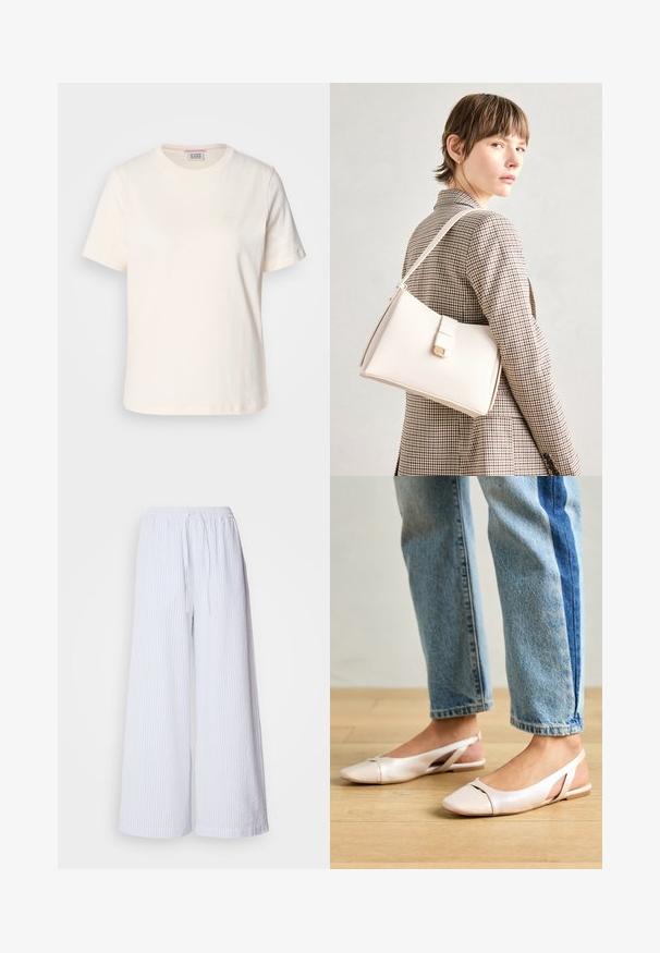 T-shirt de algodão de cor creme com mangas curtas, gola redonda e detalhe sutil em relevo no logo na parte da frente. Textura suave, ajuste descontraído.; Calças largas brancas com riscas azul claras, apresentando uma cintura elástica com cordão e um tecido texturizado.; Sapatilhas slingback de cor rosa pálido com bico fino, feitas de um material semelhante a couro liso. Apresentam detalhes recortados nas laterais e um salto plano.; Bolsa de mão em couro branco com um design estruturado, apresentando um fecho magnético e uma alça de ombro, exibida sobre um fundo neutro.