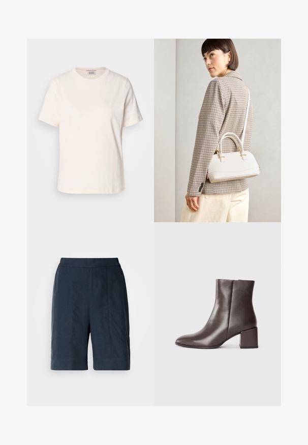 Tricou din bumbac de culoare crem, cu mâneci scurte, guler rotund și detaliu subtil cu logo în relief pe față. Textură netedă, croială lejeră.; Șorturi bleumarin dintr-un material ușor, cu croială dreaptă, două buzunare frontale și detalii subtile de cusătură.; Botină din piele maro, cu un design elegant, vârf ascuțit și toc pătrat. Textură netedă și siluetă minimală.; Geantă structurată albă, cu mânere scurte și curea de umăr, având accente din metal aurit și material texturat, expusă pe un fundal gri.