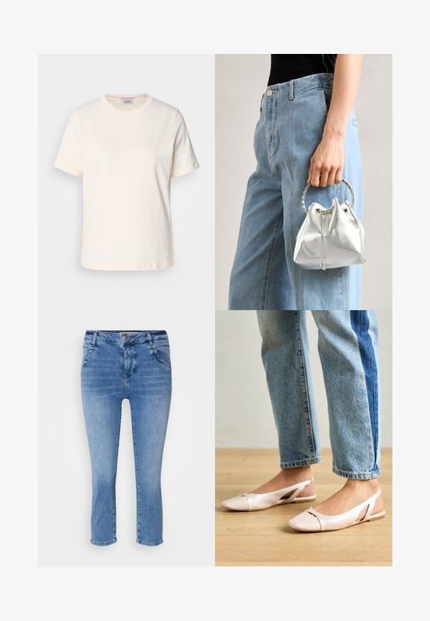 Krém színű pamut póló rövid ujjú, kerek nyakú, és finoman domború logorésszel az elülső oldalán. Simáva textúra, laza fazon.; Világoskék farmernadrág, karcsú fazonnal, közepes derékkal és rövidített hosszal. Négy zseb és gombos záródás jellemzi.; Világos rózsaszín slingback laposlábú cipők, hegyes orral, sima bőrhatású anyagból készült. Oldalt kivágott részletek találhatók rajta, valamint lapos sarkú.; Fémes ezüst színű vödör táska, texturált felülettel, ezüst kerek füllel és húzózárral, világoskék farmer mellett tartva.