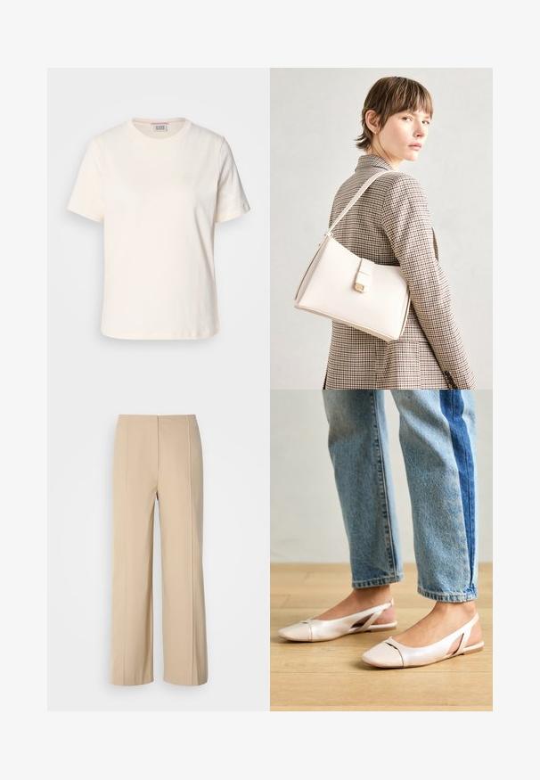 Krém színű pamut póló rövid ujjú, kerek nyakú, és finoman domború logorésszel az elülső oldalán. Simáva textúra, laza fazon.; Beige széles lábú nadrág, strukturált anyagból készült, letisztult designnal, benne vasalt hajtásokkal és lapos derékpánttal.; Világos rózsaszín slingback laposlábú cipők, hegyes orral, sima bőrhatású anyagból készült. Oldalt kivágott részletek találhatók rajta, valamint lapos sarkú.; Fehér bőr táska strukturált dizájnnal, mágneses záródással és vállpánttal, semleges háttér előtt bemutatva.