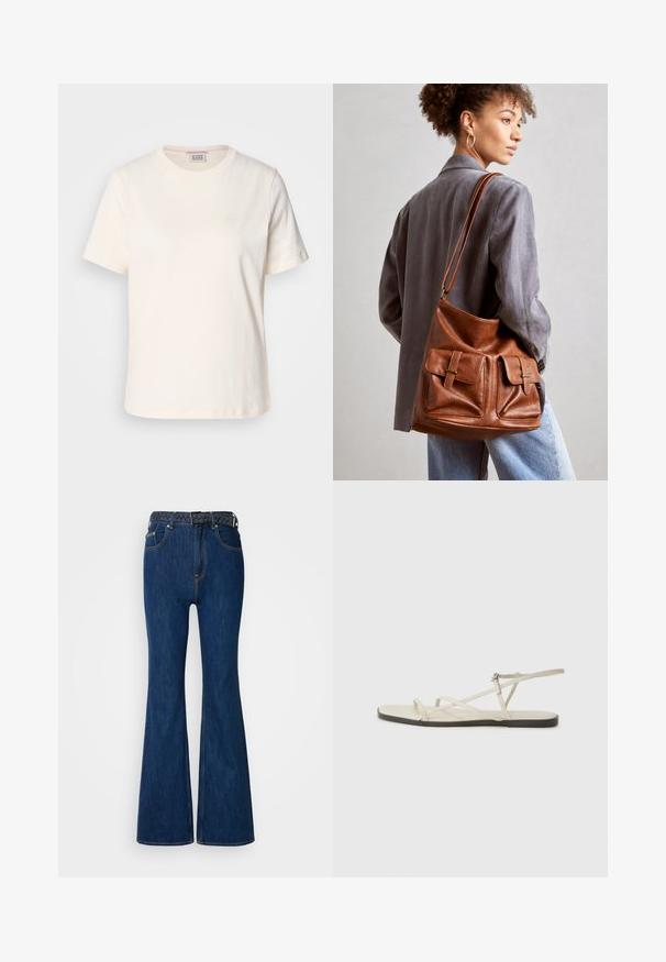 Kremfarget bomull T-skjorte med korte ermer, rund hals og subtilt hevet logo detalj på forsiden. Glatt tekstur, avslappet passform.; Blå denim flared jeans med høy midje, kontraststing, og et vevd belte med flettet design. Glatt tekstur og klassisk stil.; Beige flate sandal med flere slanke stropper og en justerbar spenne. Sålen er flat med en svak mørk kontrast langs kanten.; Brun lærbucket bag med to frontlommer med spænde-accenter. Tasken har en glat tekstur og en justerbar rem.