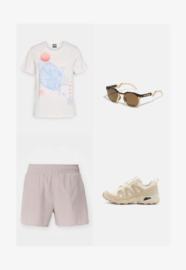 Fehér pamut póló, kék kontúrvonalas mintákkal és piros nap grafikával, piros feliratozással az elülső részén. Rövidujjú, kerek nyakú.; Világos bézs színű, gumis derekú sort, sima felülettel és letisztult dizájnnal. Nincsenek látható záródások vagy minták.; Beige és krém színű sportcipő, texturált hálós felsőrésszel, támogató burkolattal és gumitalppal, amely tapadás érdekében bordázott mintázattal rendelkezik.; Barna, kerek napszemüveg teknősbéka mintás és világos sárga áttetsző kerettel, szögletes karokkal és mintázott részletekkel a halántékon.