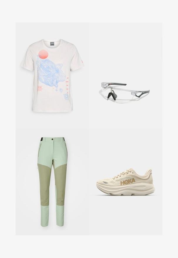 Λευκό βαμβακερό t-shirt με μπλε γραμμές περιγράμματος και γραφικό κόκκινου ήλιου, με κόκκινα κείμενα λεπτομερειών στο μπροστινό μέρος. Κοντά μανίκια, στρογγυλή λαιμόκοψη.; Απαλές παντελόνες softshell σε ανοιχτό πράσινο χρώμα με δύο τόνους, που διαθέτουν πιο σκούρες πράσινες πάνελ, τσέπες με φερμουάρ και κανονική ζώνη μέσης.; Ανοιχτό μπεζ αθλητικό παπούτσι με διχτυωτό επάνω μέρος, μαλακή περιμετρική επένδυση, διακριτό λογότυπο "HOKA" σε χρυσό και παχιά, αφρώδη σόλα για άνεση.; Διαφανή προστατευτικά γυαλιά ασφαλείας με ελαφρύ, διαφανές σκελετό και γκρίζες λεπτομέρειες. Διαθέτουν περιφερειακή σχεδίαση και ρυθμιζόμενο nosepiece.
