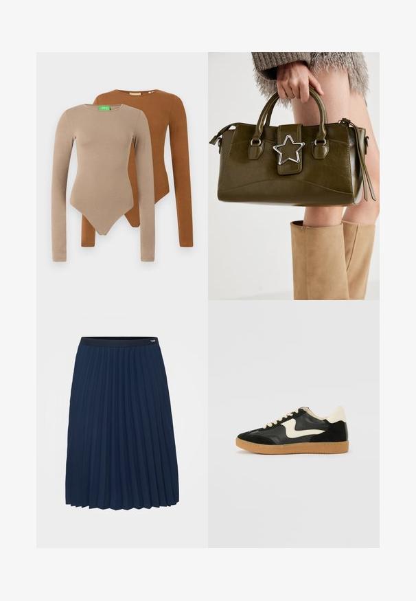 Dvě dlouhé elastické body s kulatými výstřihy, jedno béžové a jedno hnědé, vystavené překrývající se na bílém pozadí.; Tommy Hilfiger Curve FLUID PLEATED MIDI SKIRT - Plisovaná sukně - dark night navy; Černé semišové a kožené tenisky s krémovým postranním swooshem a světlým krémovým podpatkem. Mají béžové tkaničky a podešev z gumové pryže.; Olivově zelená kabelka z imitace kůže se stříbrnou hvězdou, dvojitými rukojeťmi a zipovým uzávěrem. Texturovaný povrch a strukturovaný tvar.