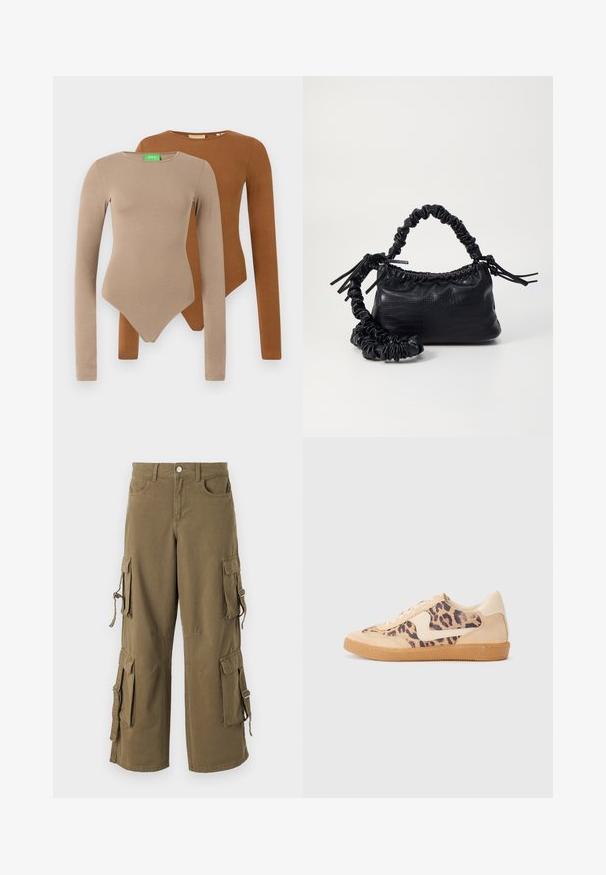 Zwei langärmlige, figurbetonte Bodysuits mit Rundhals, einer beige und einer braun, übereinander auf einem weißen Hintergrund präsentiert.; Cargo-Hosen aus olivgrünem Baumwollstoff. Verfügt über mehrere Seitentaschen, verstellbare Bänder und eine lockere Passform. Angenehme Textur mit genähten Details.; Löwenmuster-Sneaker mit beige Wildleder-Obermaterial, tanfarbener Gummisohle und weißen Akzenten. Runde Zehenform und Schnürdesign mit strukturiertem Finish.; Schwarze Handtasche aus Kunstleder mit Krokodilstruktur, gerafftem oberen Teil und einem geschoppten Tragegurt. Sie wirkt weich und kompakt im Design.
