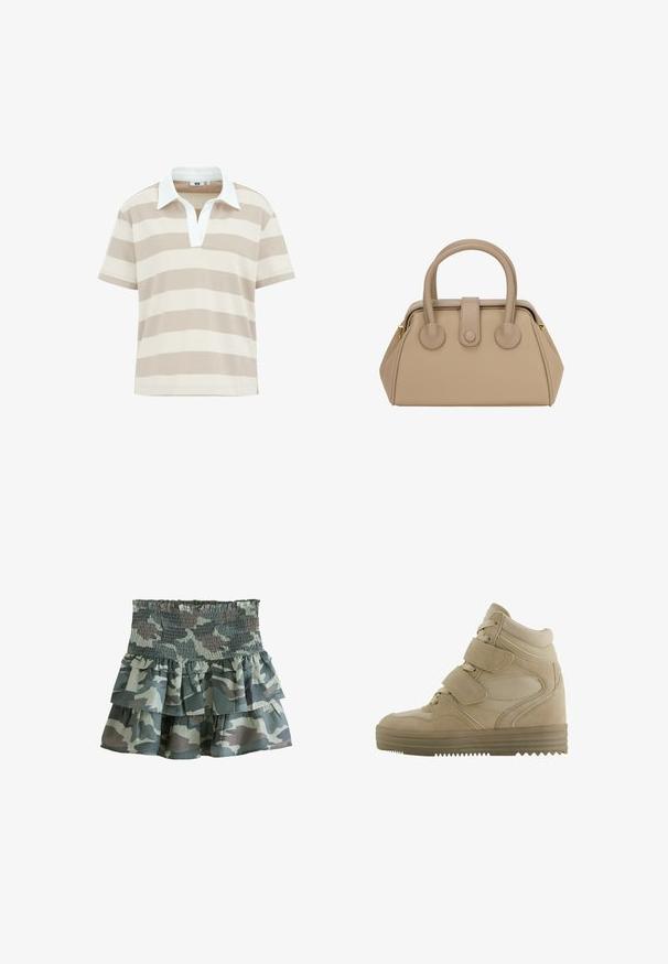 Korte mouwen polo shirt in beige en romige horizontale strepen, met een witte kraag en een v-hals ontwerp, gemaakt van zachte katoen.; Camouflage-print gelaagde rok met een smocked tailleband, met drie gerimpelde lagen in gedempte groene en grijze tinten. Lichtgewicht stof.; Beige hoge sneakers met een ontwerp van suède en mesh, verstelbare klittenbandsluitingen en een dikke rubberen zool met een zigzagpatroon.; Beige leren handtas met afgeronde handvatten, twee ronde accenten en een gestructureerde vorm. Voorzien van een centrale tabsluiting en gouden rits.