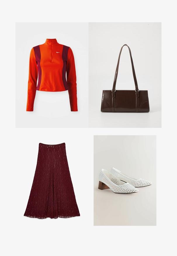 Roter und lila Langarm-Oberteil mit einem Viertelreißverschluss, das ein Nike-Logo auf der Brust trägt und eine figurbetonte Passform mit einer glatten Textur aufweist.; Lange burgunderfarbene Spitzenrock mit A-Linie und halbtransparentem Blumenmuster.; Weiße geflochtene Pumps mit einer spitzen Zehenform und einem niedrigen Holzabsatz. Die Struktur ist offen gewebt und zeigt komplexe Muster.; Braune Lackleder-Handtasche in rechteckiger Form, mit zwei langen Griffen und subtilen, geschwungenen Akzenten auf der Vorderseite.