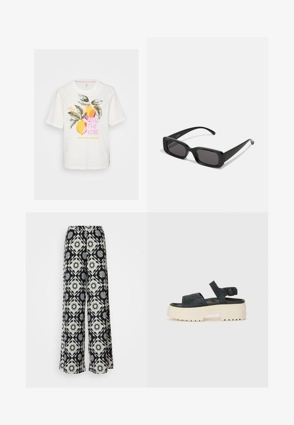 Balta medvilninė marškinėliai trumpomis rankovėmis, su grafine spauda, kuri vaizduoja citrinas ir lapus, o tekstas "JAUSK VIBRACIJĄ" yra rožinės ir geltonos spalvos.; Platų kojų kelnių dizainas su juodai baltu raštu, kuriame pavaizduoti saulės ir kriauklių motyvai. Pagamintos iš lengvos medžiagos su patogiu juosmeniu.; Juodos zomšos platforminės sandalai su masyviu baltu padais, plačia priekinė juostele ir reguliuojamu kulkšnies užsegimu. Textūruotas padas užtikrina sukibimą.; Juodos stačiakampės saulės akiniai su tamsiais lęšiais, blizgiu paviršiumi, plačiomis kojelėmis ir masyviu rėmeliu. Ant vienos kojelės yra išgraviruotas prekės ženklas.