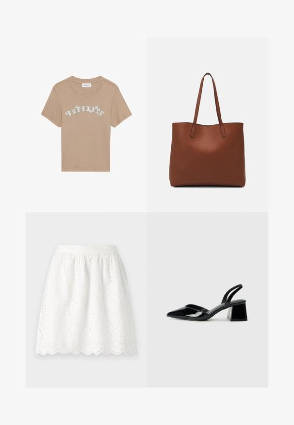Beige geribbelde t-shirt met korte mouwen en een ronde halslijn, met witte bloemachtige tekst die "Oneindig" op de borst zegt.; Witte eyelet rok met een gegolfde zoom. Heeft een geplooide tailleband en ingewikkelde geperforeerde patronen door de stof.; Zwarte gepatineerde leren slingback hakken met een spitse neus en een geometrische blokhak. Kenmerkt zich door een slank, minimalistisch ontwerp en een gladde textuur.; Bruine leren tote bag met een gladde textuur, een ontwerp met een open bovenkant en twee schouderbanden. Kenmerkt zich door minimale stiksels en geen zichtbare hardware.