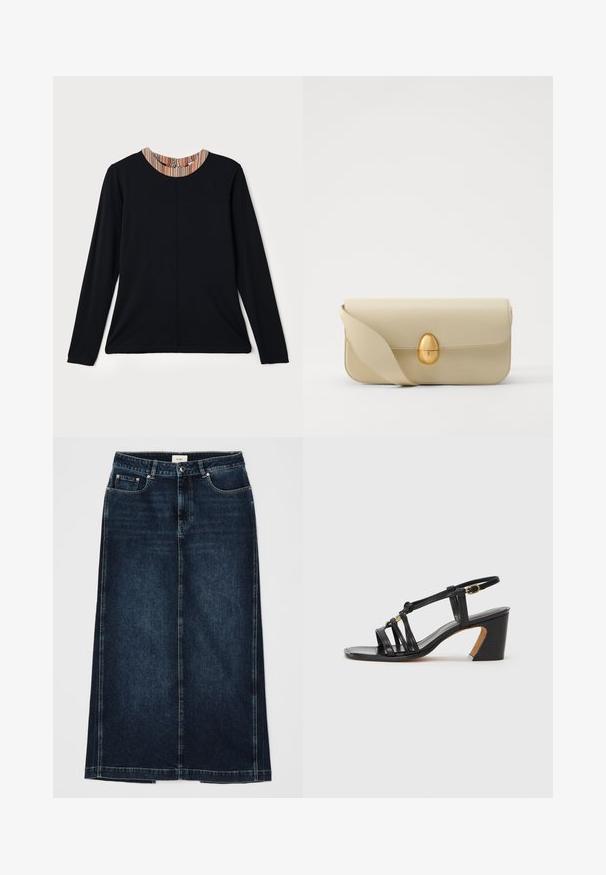 Top lung cu mâneci lungi, de culoare neagră, cu decolteu rotund, având un accent în dungi multicolore la guler. Material neted cu o croială lejeră.; Fustă din denim închis, cu o formă dreaptă, până la genunchi. Dispune de buzunare frontale, închidere cu fermoar și detalii subtile de cusătură pe cusături.; Paul Smith AMIRA - Pantofi clasici cu toc - black; Geantă de mână din piele bej, cu o textură netedă, formă rectangulară și un închizător oval auriu. Dispune de o curea lungă, ajustabilă.