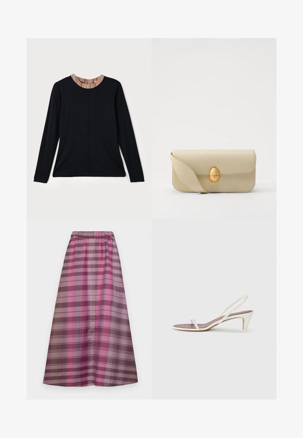 Svart långärmad topp med rund halsringning som har en flerfärgad randig detalj vid kragen. Slät tyg med en avslappnad passform.; Lång rutad kjol med olika nyanser av rosa, lila och brunt. Tillverkad av ett mjukt tyg med elastisk midja för komfort.; Vita slingbacksandaler med en lätt klack, tunna remmar och en slät lädertextur; har ett litet dekorativt spänne.; Beige läderhandväska med en slät yta, rektangulär form och en gyllene oval lås. Har en lång, justerbar rem.