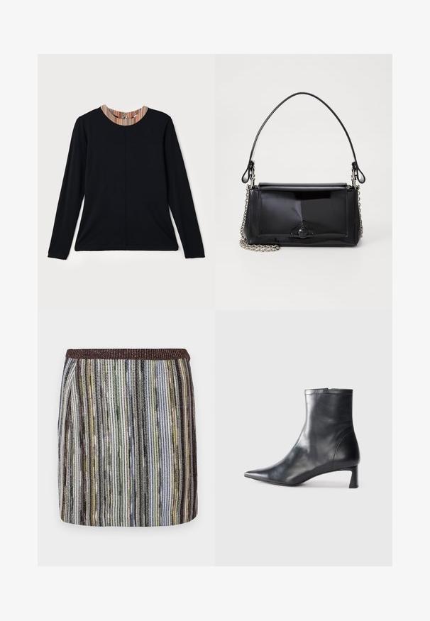 Czarna bluzka z długim rękawem i okrągłym dekoltem, ozdobiona wielokolorowym paskiem na kołnierzu. Gładki materiał w luźnym kroju.; Krótka, dopasowana spódnica w wielokolorowe pionowe paski w odcieniach zieleni, czerni i brązu, z teksturowanym elastycznym pasem.; Czarne skórzane botki sięgające kostki z ostrym noskiem i eleganckim designem. Posiadają niski obcas oraz zamek błyskawiczny z tyłu. Gładka faktura.; Czarna torebka z lakierowanej skóry o prostokątnym kształcie, z łańcuszkowym paskiem i charakterystycznym akcentem ze sprzętem na środku. Gładka tekstura.