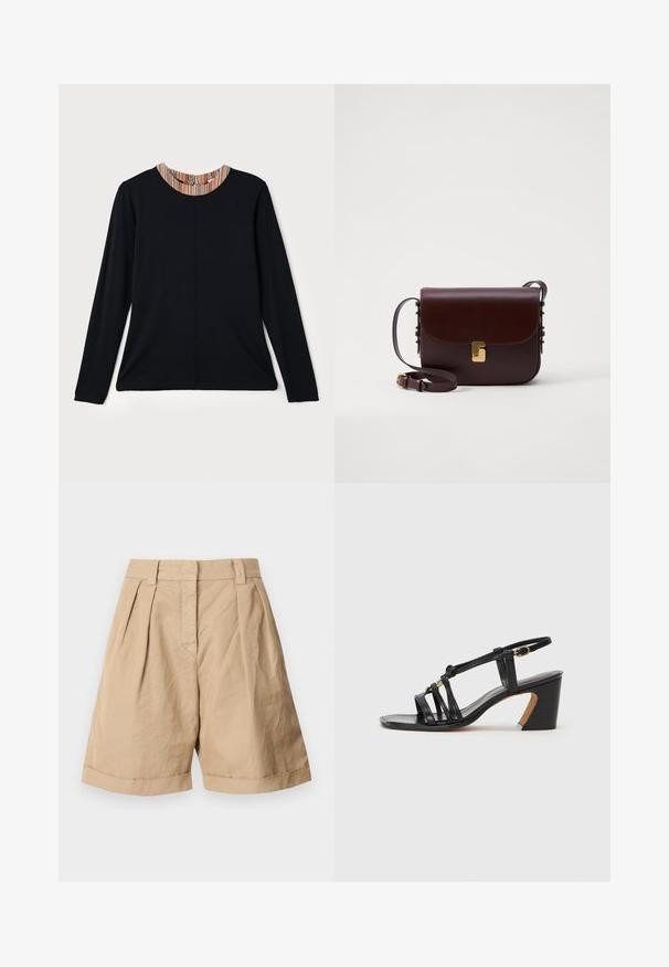 Top lung cu mâneci lungi, de culoare neagră, cu decolteu rotund, având un accent în dungi multicolore la guler. Material neted cu o croială lejeră.; Shorts din in bej cu talie înaltă, două pliseuri frontale și manșete răsucite. Textură fină cu un design croiți.; Paul Smith AMIRA - Pantofi clasici cu toc - black; Geantă din piele maro cu închidere cu clapetă, accesorii aurii și curea reglabilă. Dispune de o textură netedă și o formă rectangulară elegantă.