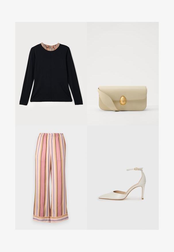 Fekete, hosszú ujjú felső, kerek kivágással, melynek gallérján színes csíkos díszítés található. Simaszerkezetű anyag, laza szabású.; Csíkos pizsamanadrág, elasztikus derékkal, széles lábakkal és váltakozó rózsaszín, levendula és sárga csíkokkal, sima textúrával.; Fehér bőr, magassarkú cipő hegyes orral, bokapánttal és vékony tűs sarkal. Simaszövet, finom fényes felülettel.; Beige bőrtáska sima textúrával, téglalap alakban, arany ovális zárral. Hosszú, állítható pánttal rendelkezik.