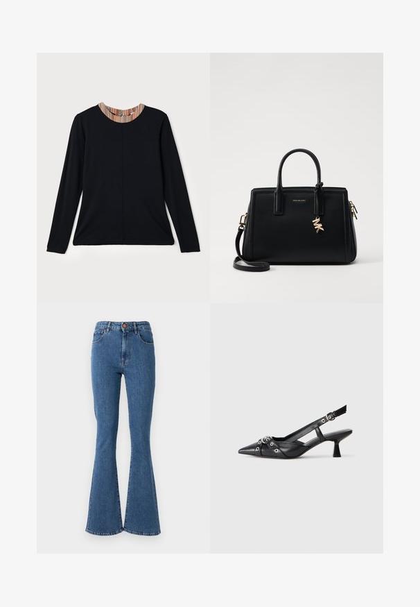 Juodas ilgomis rankovėmis marškinėliai su apvaliu iškirpimu, kurių apykaklė puošia spalvota raištelių juosta. Lygi medžiaga ir laisvas siluetas.; Aukštai juosmens mėlyni džinsai su išsiplėtusiu klešnių siluetu. Yra penkios kišenės ir mygtukų uždarymas priekyje. Siuvimo detalės palei siūles.; Juodas odinis slingback tipo batai su smailiu priekiniu atvartu, dekoratyvinėmis sagtimis su metaliniais akyčiais ir žemu blokiniu kulnu. Saldus paviršius.; Juodas odinis rankinė su struktūrizuotu dizainu, dviem viršutinėmis rankenėlėmis, nuimamu petiniu dirželiu, auksiniais akcentais ir logotipo pakabuku.