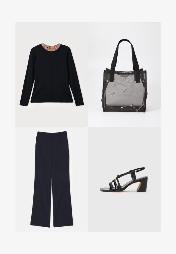 Black long-sleeve top with a round neckline featuring a multicolored striped accent at the collar. Smooth fabric with a relaxed fit.; Navy wide-leg trousers made of a smooth fabric, featuring a high waistband and two front pleats extending down the legs.; Paul Smith AMIRA - Classic heels - black; Black mesh tote bag with embroidered floral patterns, featuring sturdy black handles and a logo tag on the front. Translucent material.