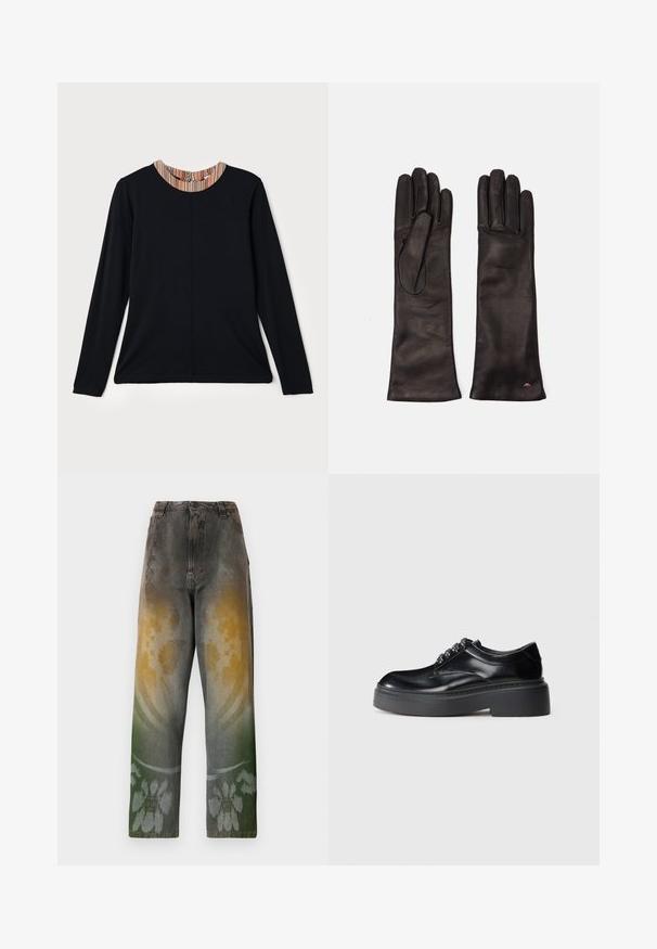 Black long-sleeve top with a round neckline featuring a multicolored striped accent at the collar. Smooth fabric with a relaxed fit.; High-waisted jeans in faded denim with a gradient pattern blending yellow, green, and blue hues; floral design near the hem.; Black leather shoes with a rounded toe, thick platform sole, and decorative lace detailing. Smooth texture and contrast stitching visible.; WEEKEND MaxMara SENAPE - Gloves - nero