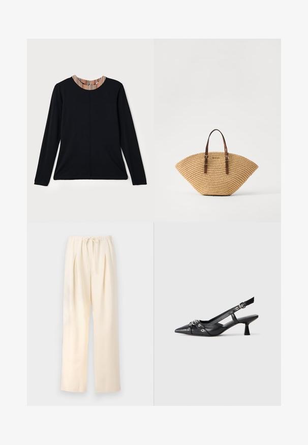 Zwarte lange mouw top met een ronde halslijn, voorzien van een multicolore gestreepte accent bij de kraag. Glad materiaal met een comfortabele pasvorm.; Beige geplisseerde broek met een elastische tailleband en een verstelbaar trekkoord. Lichtgewicht stof en een wijd, recht ontwerp.; Zwarte leren slingback schoen met een puntige neus, decoratieve banden met metalen oogjes en een lage blokhak. Textuur oppervlak.; Weefstroken tas in een waaier vorm, met bruine leren handvatten en een gestructureerde weving. Natuurlijke tan kleur met een gladde oppervlakte en minimale accentdetails.