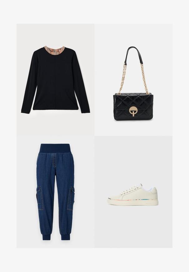 Mustutmeline pikkade varrukatega topp ümmarguse kaelusega, millel on mitmevärviline triibuline aktsent krael. Sile kangas ja lõdva istuvusega.; Tumesinine denimist jogger-püksid laiade elastsete vöödega, kahe külgmise cargo-taskuga ja ribadega pahkluudes; tume sinine värv kontrastsete õmblustega.; Kreem valged madalad tossud, millel on nööridega disain, valge sisevooder ja peen multivärviline äär sole ääres, külgvaade.; Mustmust kott mustast quiltnahast, millel on kuldne ahel, ja ringikujuline lukukinnitus. Kompaktne ristkülikukujuline kuju ja sile tekstuur.