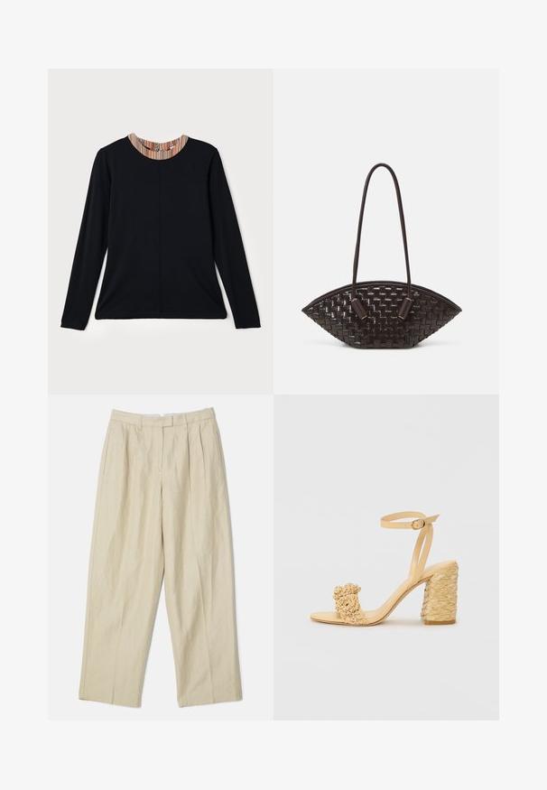 Fekete, hosszú ujjú felső, kerek kivágással, melynek gallérján színes csíkos díszítés található. Simaszerkezetű anyag, laza szabású.; Beige len nadrág széles szárú fazonnal, elülső redőkkel, mellzsebekkel és sima textúrával. Klasszikus szabás és sokoldalú stílus.; Bézs színű magassarkú szandál fonott textúrával, díszítő virággal és bokapánttal. A négyzet alakú sarok stabilitást biztosít.; THEMOIRè OLIMPIA - Kézitáska - fondant