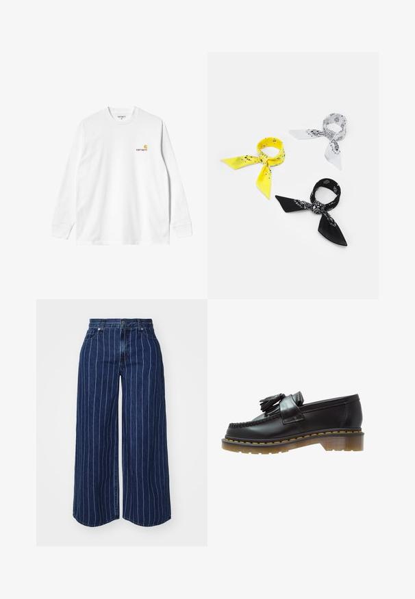 Langärmliges weißes Baumwoll-T-Shirt mit Rundhalsausschnitt, das auf der linken Brust ein kleines gelbes und burgunderrotes Logo trägt. Nahtlose Bündchen und Saum.; Dunkelblaue Denim-Hosen mit weitem Bein und weißen vertikalen Streifen, ausgestattet mit einem Knopf- und Reißverschluss sowie Seitentaschen.; Schwarze Lederloafer mit strukturiertem Finish, ausgestattet mit einer dekorativen Quaste und kontrastierenden gelben Nähten, auf einer klobigen, transparenten Sohle.; Drei Bandanas: eine gelbe mit schwarzen Mustern, eine weiße mit schwarzen Designs und eine schwarze mit weißen Grafiken. Alle sind quadratisch und aus leichtem Stoff.