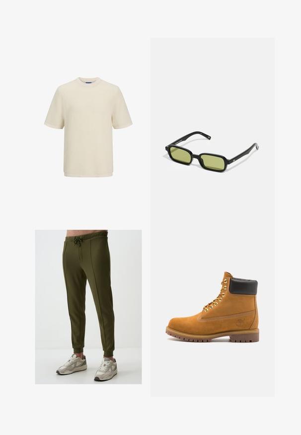 Cream-colored short-sleeve t-shirt in a textured knit pattern. Features a round neckline and a straight hem.; Olive green jogger pants with a drawstring waistband, tapered legs, and side seams. Paired with beige and gray athletic sneakers.; Tan suede ankle boot with black padded collar, gold metal eyelets, white stitching detailing, and rugged rubber sole with pronounced treads.; Black sunglasses with an angular design, green tinted lenses, and smooth plastic frames. Features gold accents on the temples.
