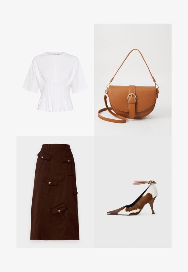 Balta trumpa rankovė viršutinė dalis, pagaminta iš minkštos medžiagos, su apvalia iškirpte ir susikaupusiais akcentais juosmens srityje, kad suteiktų prigludusį vaizdą.; Ruda iki kelių ilgio medvilninė sijonas su keliais kišenėmis ir auksinėmis sagomis, turintis prigludusį juosmenį. Lygus paviršius.; Ruda ir balta karvės rašo aukšti kulniukai su smailiu pirštu, tekstūruota paviršiumi ir kulkšnies dirželiu su šviesiai ruduoju užsegimu.; Ruda odinė kryžminė rankinė, turinti kreivą formą, auksinius metalinius elementus ir sagtį. Yra nuimama petneša.