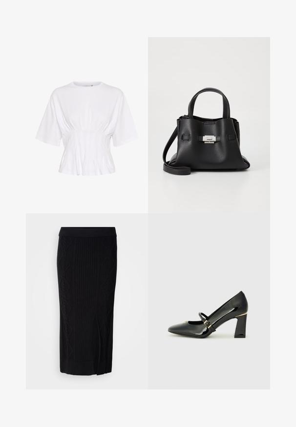 Bijela bluzica s kratkim rukavima, izrađena od mekane tkanine, s okruglim izrezom i naboranim detaljima na struku za prilagođen izgled.; Crna pletena midi suknja s rebrastom teksturom i dijamantnim uzorcima te bočnim prorezom. Mekani materijal s uskim pojasom.; Crne lakirane visoke potpetice s izoštrenim vrhom, remenom oko gležnja i zlatnim dekorom na potpetici. Dizajn potpetice u obliku kvadratnog bloka.; Crna kožna torba s teksturiranim završnim obradom, koja ima dva gornja ručka, odvojivu naramenicu i detalj s srebrnim kopčanjem.