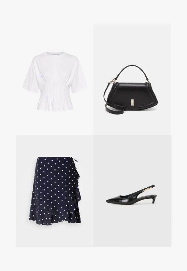 Fehér, rövid ujjú felső, puha anyagból készült, kerek kivágással és deréknál gyűrődésekkel a testhez simuló megjelenés érdekében.; GANT DOT PRINT FRILL SKIRT - Átlapolós szoknya - evening blue; Fekete bőr slingback magassarkúk, hegyes orral, vékony sarkakkal és arany színű részlettel a állítható pánton. Simа felület.; Fekete bőr kézitáska, strukturált dizájnnal, rövidített formával, felső fogantyúval és arany színű kiegészítőkkel. Állítható vállpánt is tartozik hozzá.