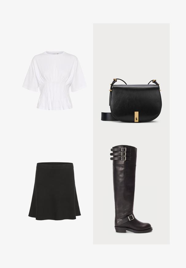 Valkoinen lyhythihainen paita, joka on valmistettu pehmeästä kankaasta. Tässä paidassa on pyöreä pääntie ja gathered-yksityiskohtia vyötäröllä, mikä luo istuvan ilmeen.; Musta leveä mini-hame, joka on valmistettu pehmeästä materiaalista ja siinä on sileä pinta sekä leveä vyötärö. Ominaisuudet sisältävät yksinkertaisen muotoilun ilman kuvioita tai yksityiskohtia.; Mustat nahkasaappaat, jotka ulottuvat polveen, pyöreällä varpaalla, ylhäällä kolme hihnaa soljilla ja sivussa solkiyksityiskohta. Tasapohja ja sileä pinta.; Musta nahkainen olkalaukku, jossa on kultasävyinen metallivahvistus ja säädettävä hihna. Laukussa on sileä pinta ja kaareva muoto.