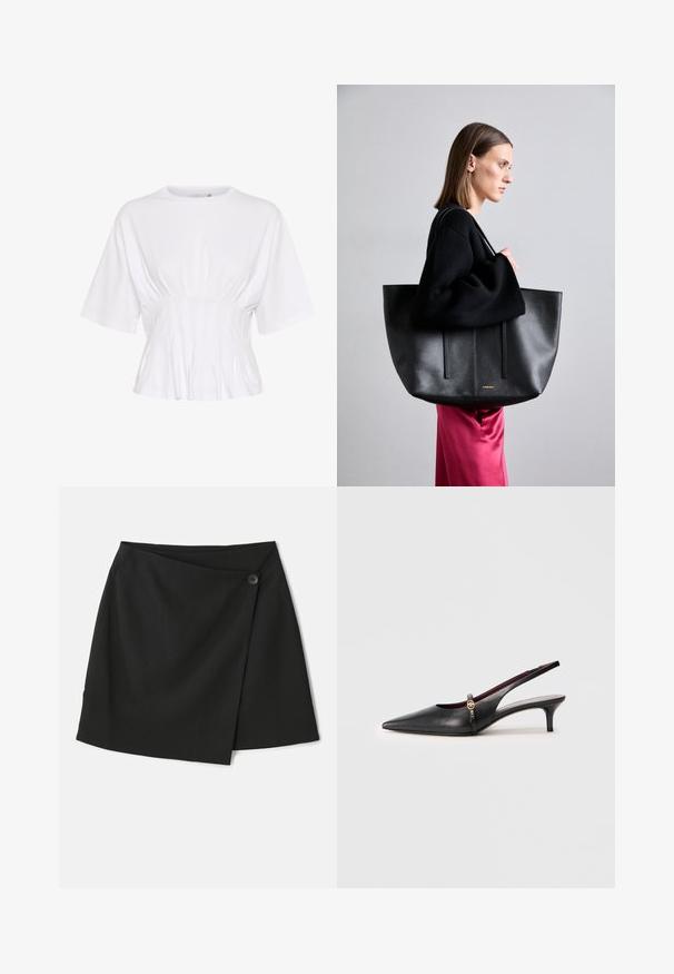 Top bianco a maniche corte realizzato in tessuto morbido, con scollo rotondo e dettagli arricciati in vita per un look aderente.; Gonna avvolgente nera con una superficie morbida, design asimmetrico e chiusura laterale con bottone per un dettaglio aggiuntivo.; Sandal con tacco in pelle nera con punta affilata, tacco sottile e un accento dorato vicino alla cinghia alla caviglia. Texture liscia e design semplice.; Borsa tote in pelle nera con finitura texture, dotata di due linee verticali, doppie spalline e un design minimalista.