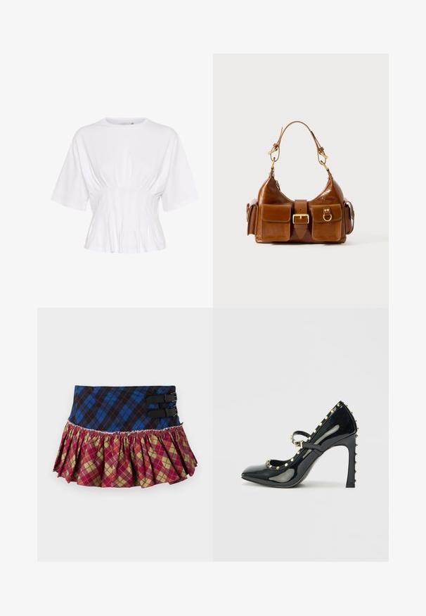 Witte top met korte mouwen van zachte stof, voorzien van een ronde halslijn en geplooide details bij de taille voor een getailleerde look.; Een geplooide rok met een blauw en zwart geruit top, voorzien van twee zwarte gespen en een gerimpelde zoom met een rood, groen en geel ruitpatroon.; Zwarte patentleren hoge hak schoenen met een puntenneus, enkelbandje en gouden studs langs de randen.; Bruine leren handtas met een gebogen vorm, dubbele gouden hardware, twee voorzakken en een brede schouderband. Soepele textuur met een elegante afwerking.