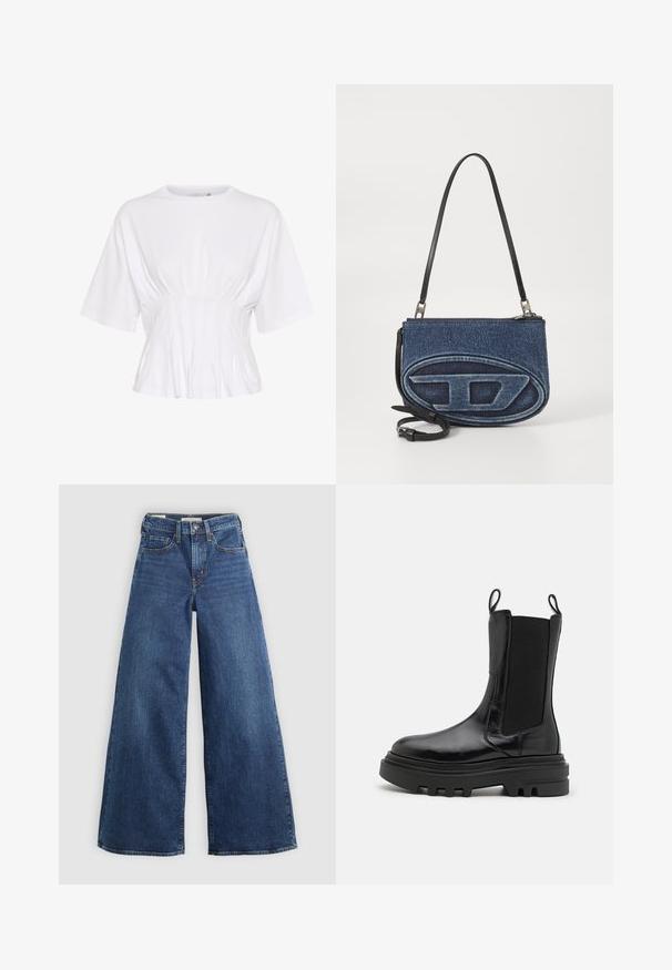 Valge lühikeste varrukatega topp pehmest kangast, ümmarguse kaelusega ja kokkutõmbumise detailidega vööl, et saavutada figureeriv välimus.; Laiad sinise denimi püksid viie taskuga, nupuga sulgemine ja kontrastõmblusega, omavad pehmet ja tekstuurset viimistlust.; Musta pahkluu kott, millel on läikiv nahkviimistlus, elastsed külgpaneelid, tõmbehelmed ja paks tekstuuriga kummitald. Massiivne disain, sujuv siluett.; Denimist ristikotid musta nahkrihmaga, ees ovaalne logo kujundus ja pealmine tõmblukk. Tekstuuriga viimistlus.