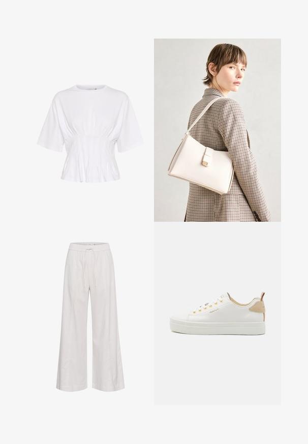 Balta trumpa rankovė viršutinė dalis, pagaminta iš minkštos medžiagos, su apvalia iškirpte ir susikaupusiais akcentais juosmens srityje, kad suteiktų prigludusį vaizdą.; Platus kojas kelnes iš švelnios baltos medžiagos, su elastinga juosmeniu ir raišteliu, glotnia tekstūra ir be papildomų dekoracijų.; Baltos odinės sportbačiai su tekstūruota gumine gleivė, auksiniais aklėmis ir rudos spalvos akcentu kulne. GANT logotipas matomas šone.; Balto odos rankinė su struktūrizuotu dizainu, turinti magnetinį užsegimą ir petnešą, demonstruojama prieš neutralią foną.