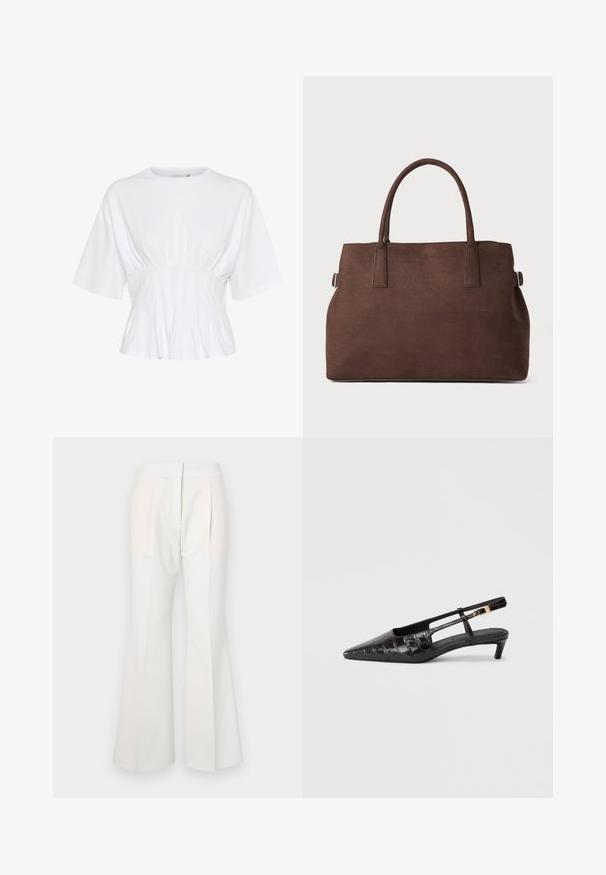 Top blanco de mangas cortas hecho de una tela suave, con un escote redondo y detalles fruncidos en la cintura para un ajuste ceñido.; Pantalones acampanados blancos con una textura suave, que cuentan con pliegues en la parte delantera y paneles de tela en un tono más claro que contrastan sutilmente.; Zapato negro de piel con puntera afilada y diseño tipo slingback, con textura de cocodrilo, pequeño tacón apilado y correa ajustable con detalle de hebilla metálica.; Bolsa tote de imitación ante marrón con dos asas resistentes, forma estructurada y diseño minimalista, con sutiles detalles de costura.